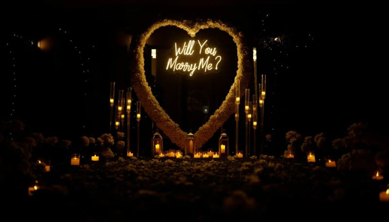 Cream rose heart with Will You Marry Me neon sign