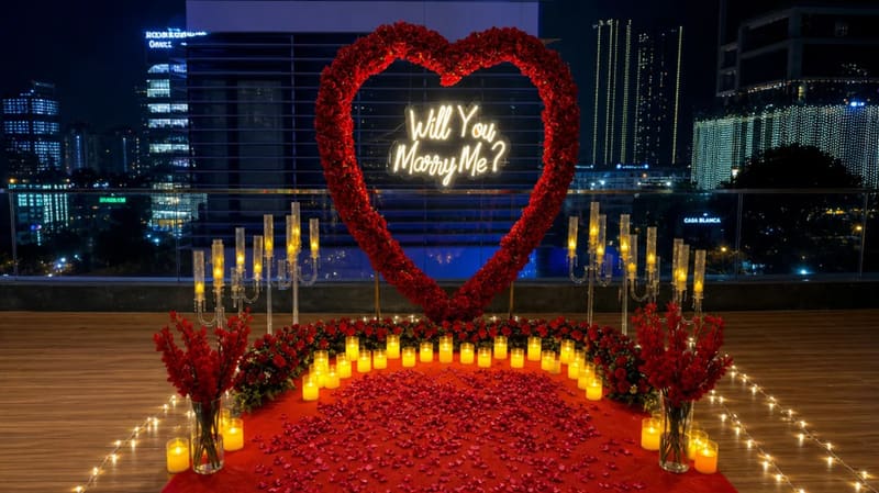 Red rose heart proposal setup on a Chandigarh rooftop at night